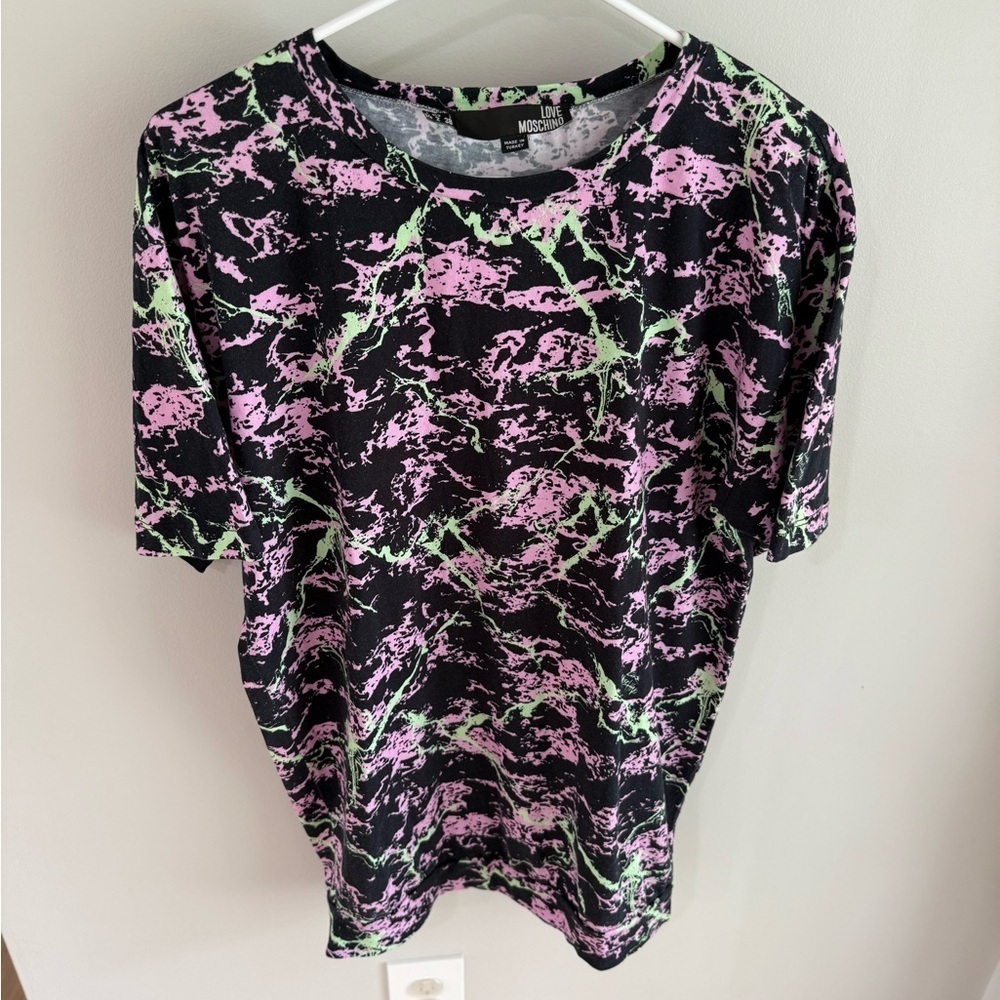 Love Moschino Paint Splatter Tee Shirt Dress - Black/Green/Purple - US Size 2